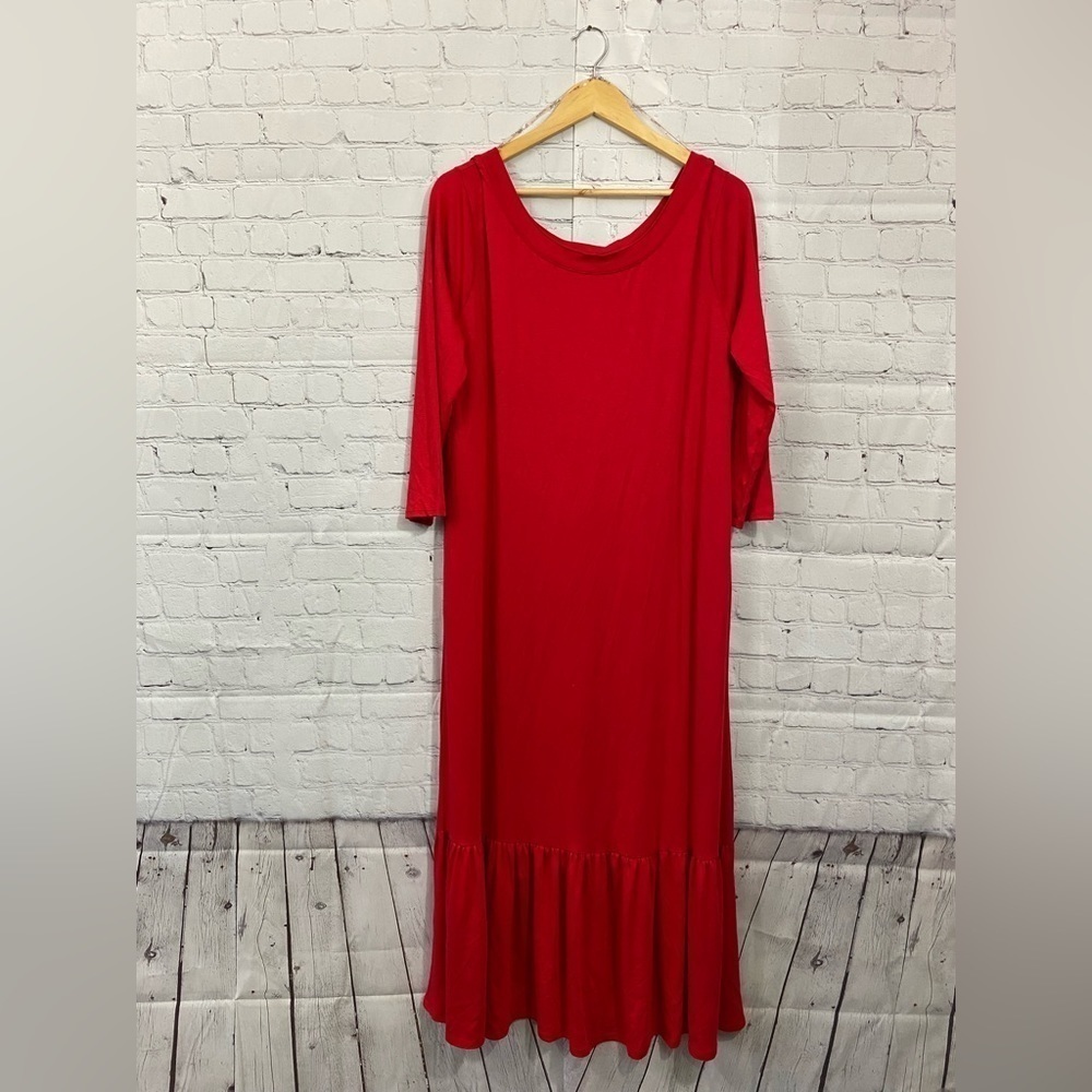 Zenana Womens Size XL Red 3/4 sleeve ruffle hem Midi dress with side pockets